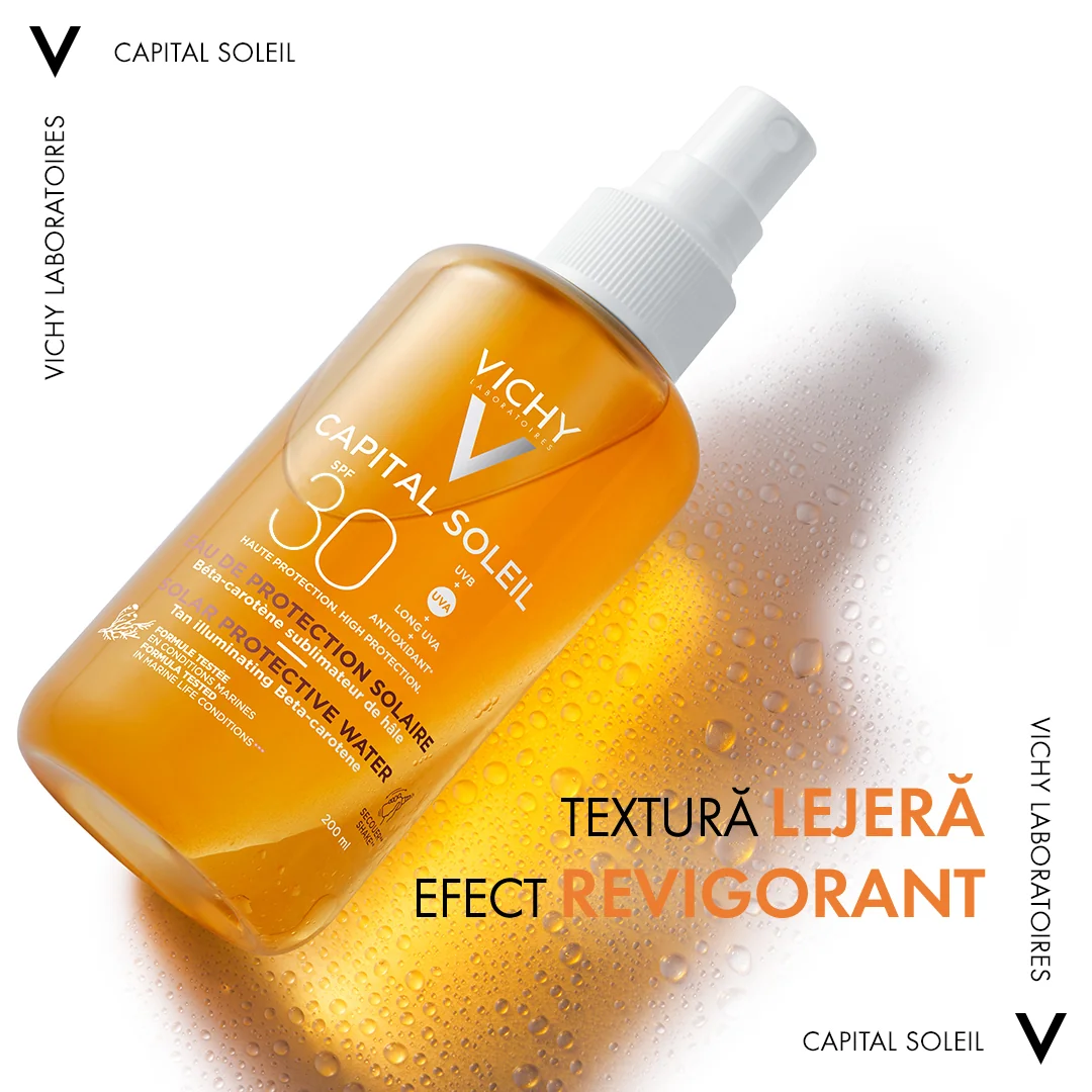 Apa cu protectie solara SPF 30+ pentru bronz de durata fata si corp Capital Soleil, 200ml, Vichy