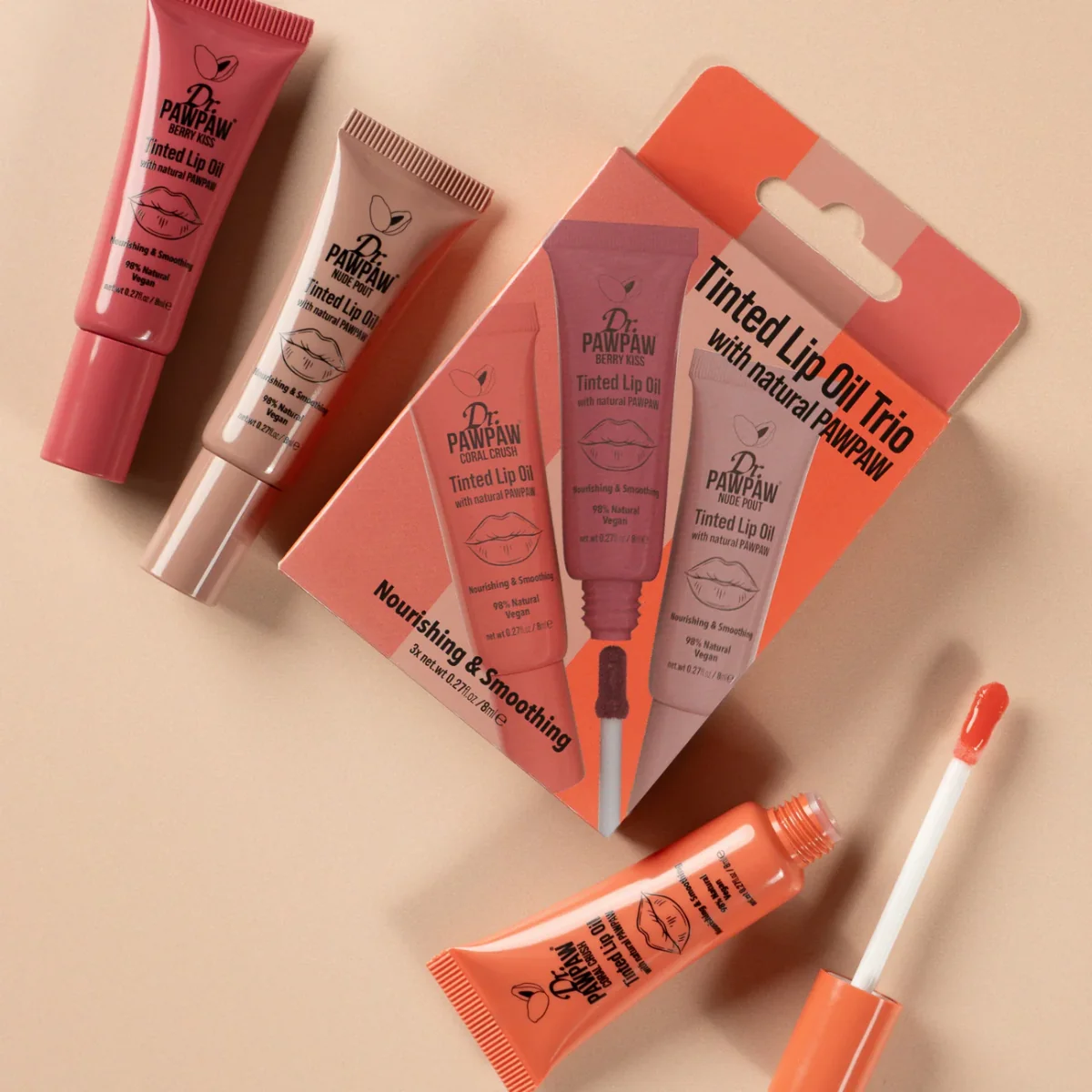 Set ulei de buze colorat si hranitor cu extract de papaya, 3 x 8ml, Dr.PAWPAW