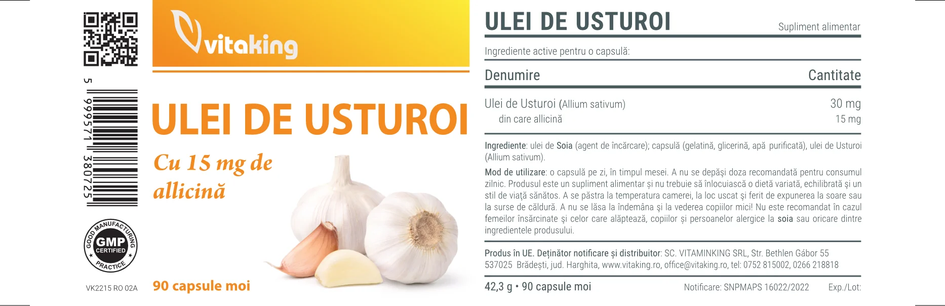 Ulei de usturoi 30mg, 90 capsule moi, Vitaking