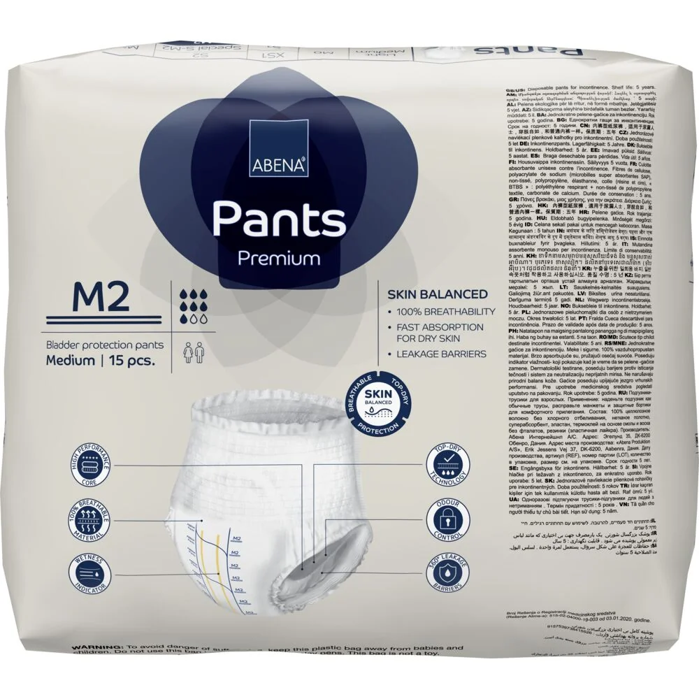 Scutece chilot pentru persoane active 80-110 cm M2 Premium Pants cu absorbtie 1900ml, 15 bucati, Abena