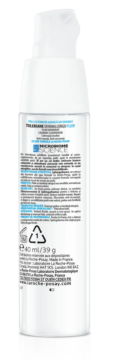 Fluid hidratant și reparator pentru ten cu tendinta alergica sau reactiva si cel normal sau mixt Toleriane Dermallergo, 40ml, La Roche-Posay