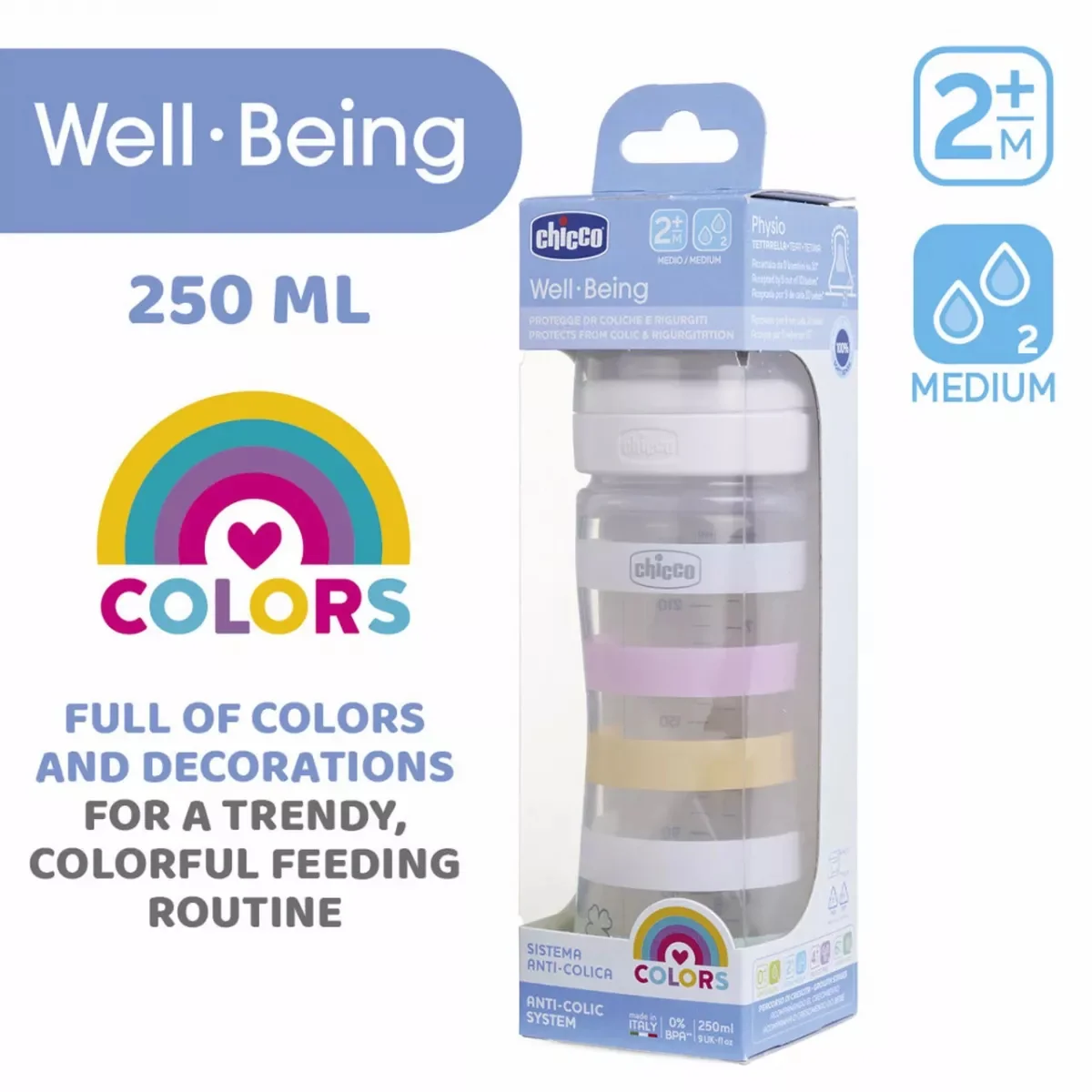 Biberon cu tetina din silicon WellBeing PP 2 luni+ Orange, 250ml, Chicco