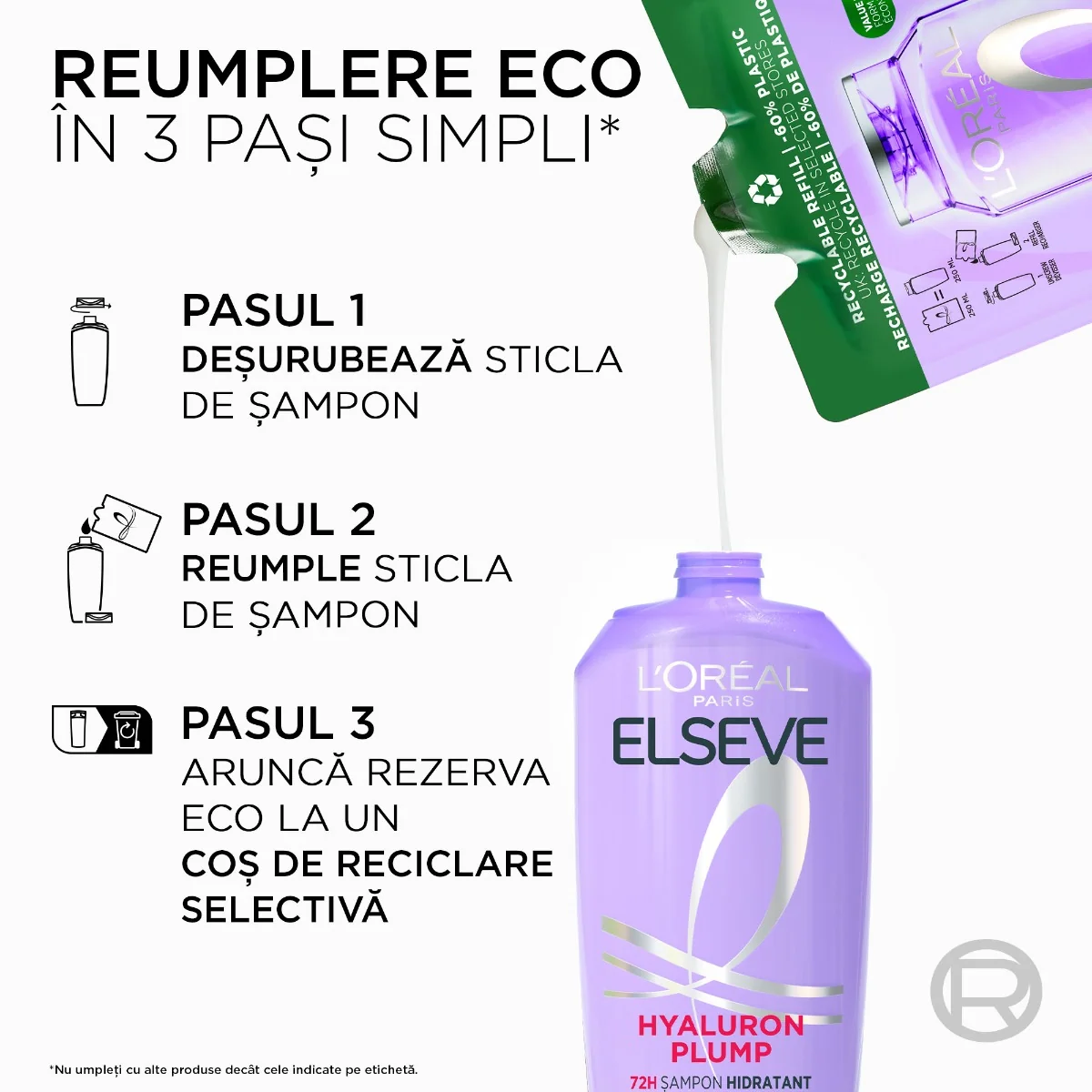 Sampon hidratant pentru par deshidratat Hyaluron Plump rezerva eco, 250ml, Elseve