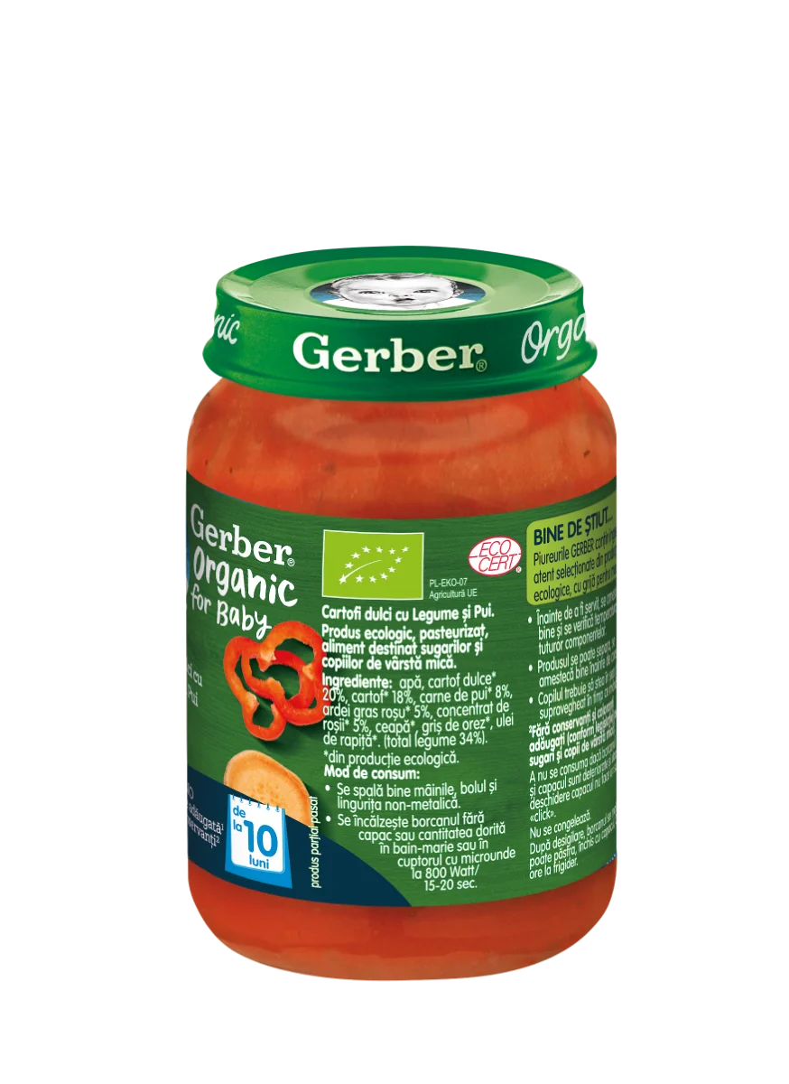 Piure Bio din cartofi dulci cu pui si legume de la 10 luni, 190g, Gerber