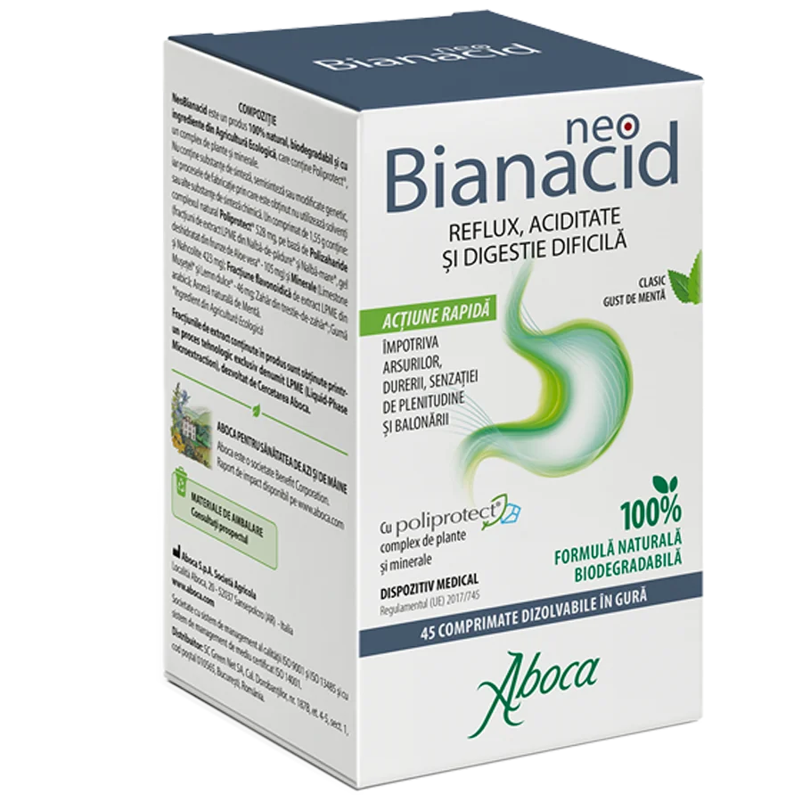 NeoBianacid cu poliprotect pentru aciditate si reflux, 45 comprimate, Aboca