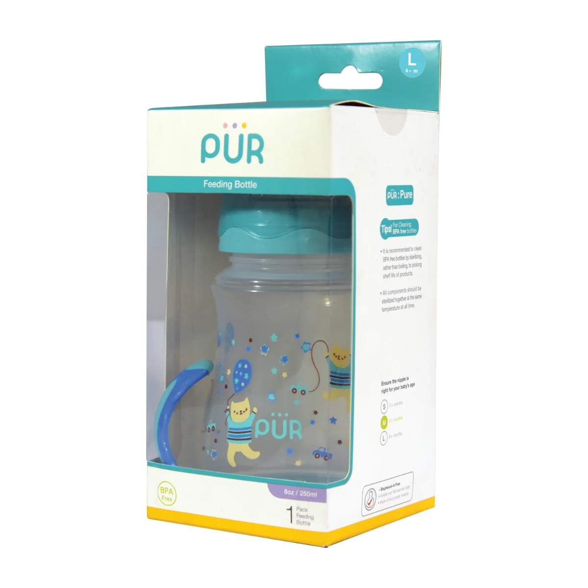 Biberon cu gura larga si manere +6luni, 250ml, PUR