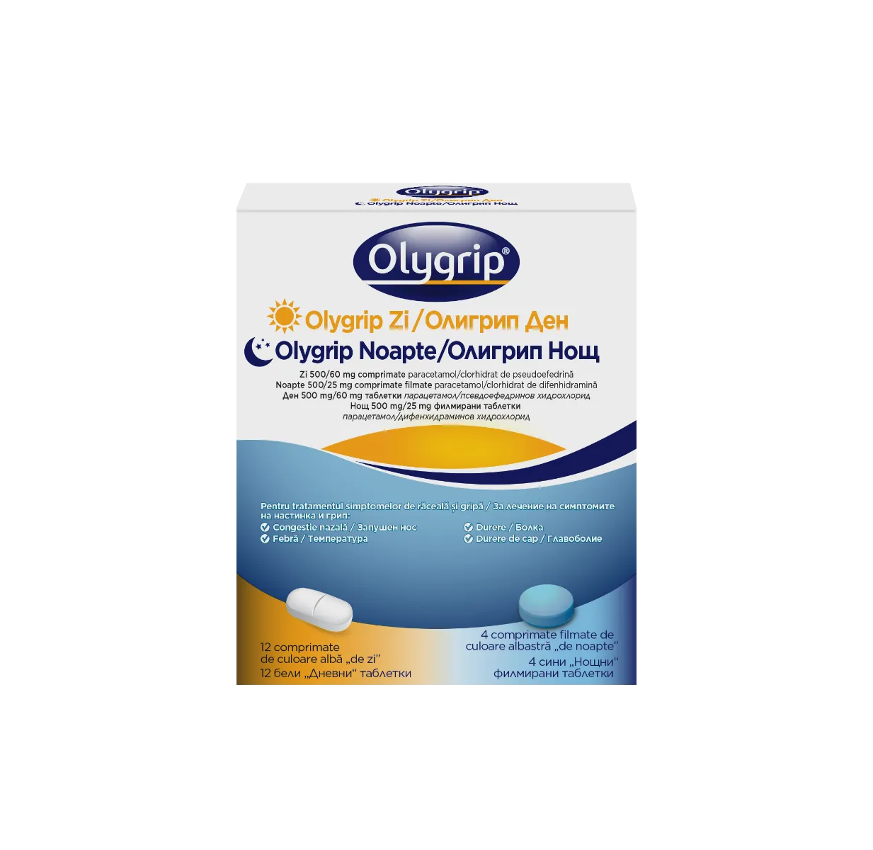 Olygrip Zi 500/60mg + Olygrip Noapte 500/25mg, 12 comprimate + 4 comprimate filmate, McNeil Healthcare