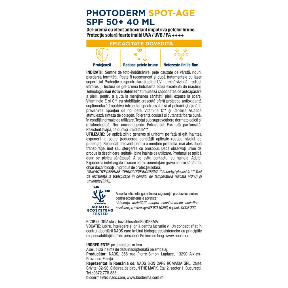 Gel-crema cu efect antioxidant impotriva petelor brune Photoderm Spot-Age SPF 50+, 40ml, Bioderma