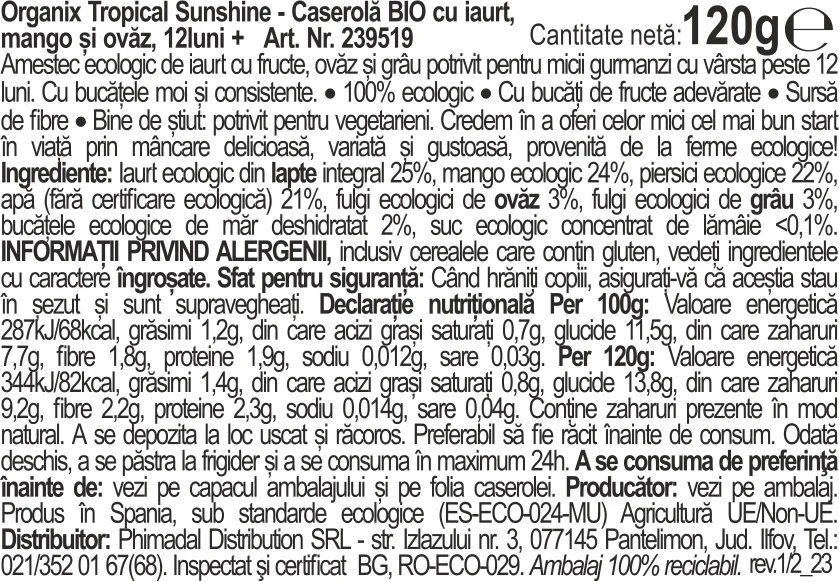 Piure eco cu iaurt, mango si ovaz Tropical Sunshine pentru +12 luni, 120g, Organix