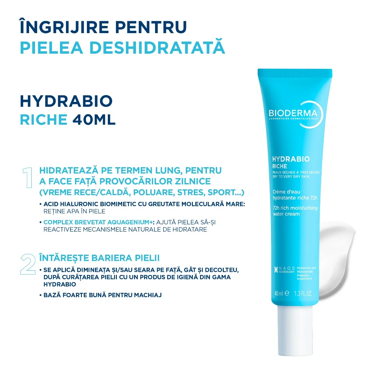 Crema intens hidratanta pe baza de apa cu efect 72h pentru piele deshidratata uscata si foarte uscata Hydrabio Riche, 40ml, Bioderma