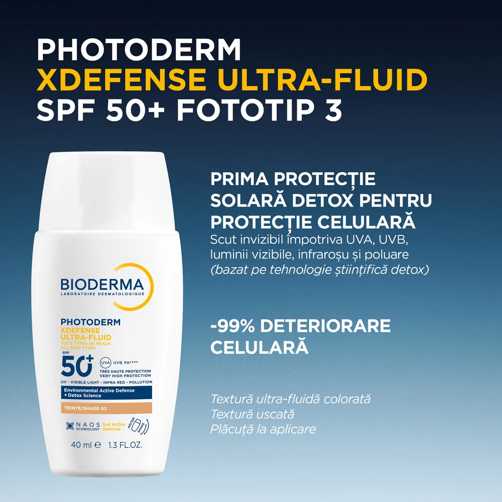 Crema colorata SPF50+ XDefense Ultra-Fluid Fototip 3 pentru protectie UV completa, 40ml, Bioderma