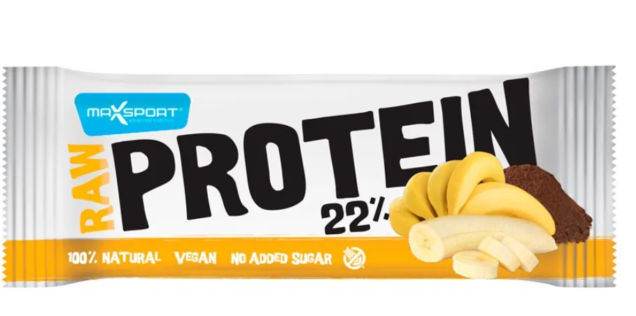 Baton proteic cu banane si cacao Raw protein 22%, 50g, Max Sport