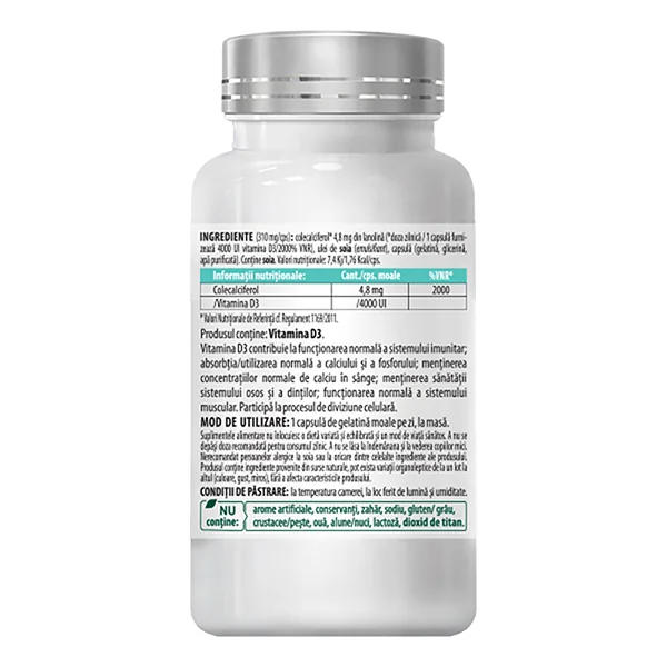 Vitamina D3 4000 UI, 60 capsule, Cosmopharm