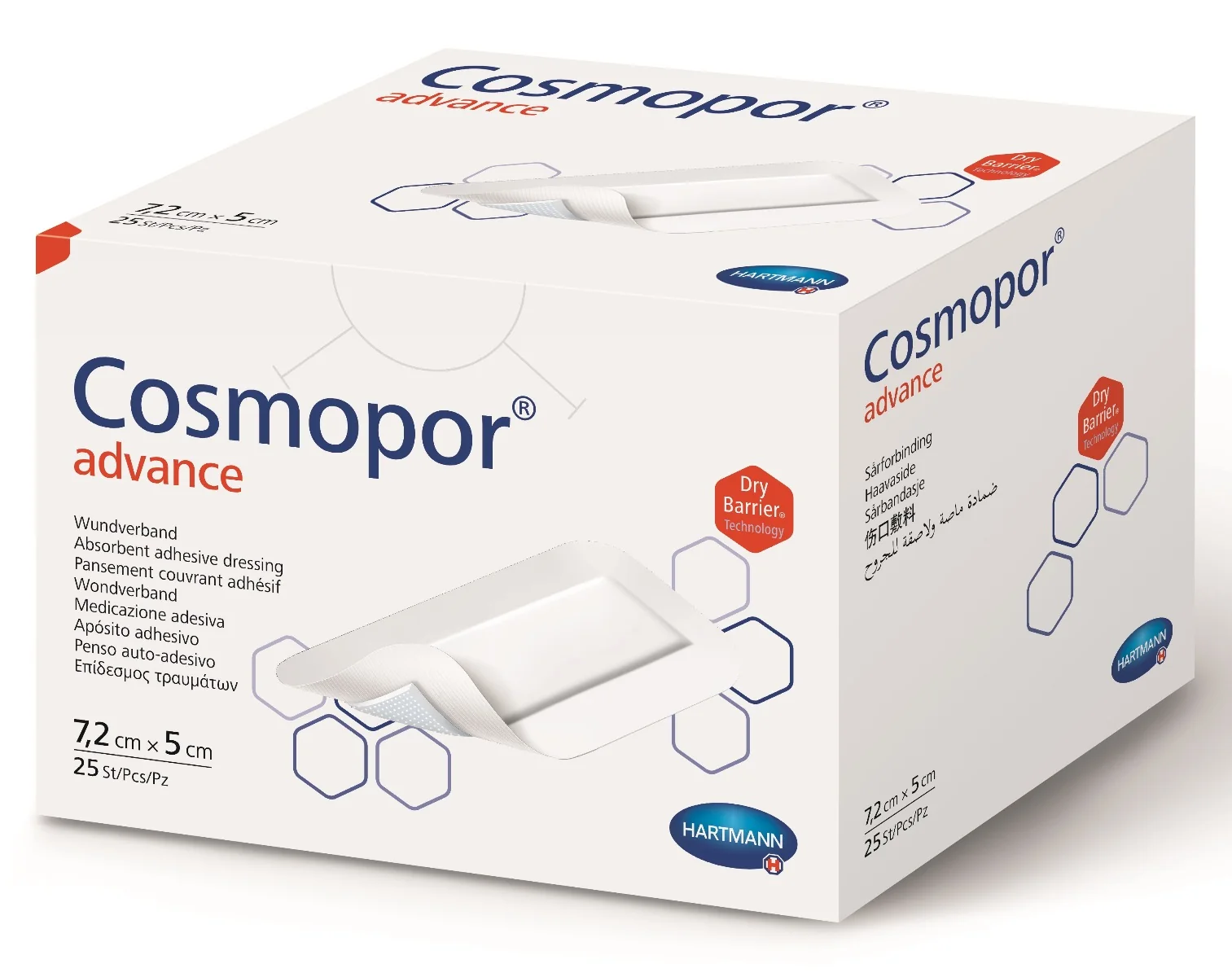 Plasture steril cu corp absorbant si margini autoadezive, 7.2 x 5cm, 25 plasturi, Cosmopor