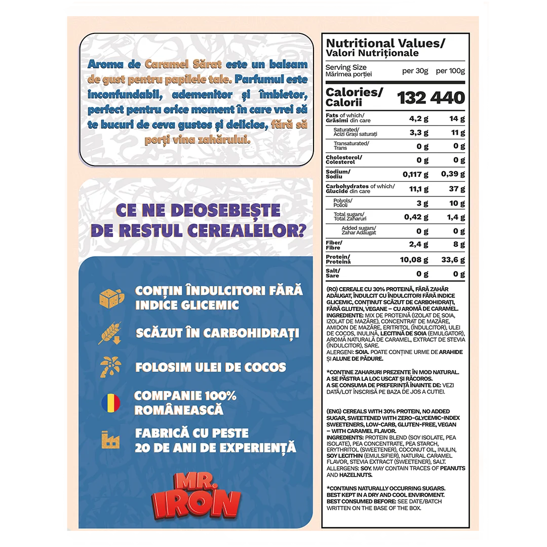 Cereale cu 30% proteina fara zahar low-carb gluten free si vegane Caramel Sarat, 250g, Mr. Iron