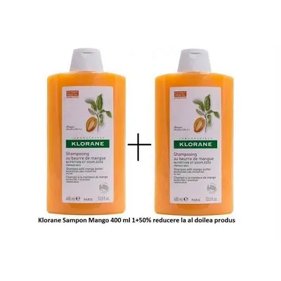 Pachet Sampon cu extract de mango 1+50% reducere la al doilea produs, 400ml+400ml, Klorane