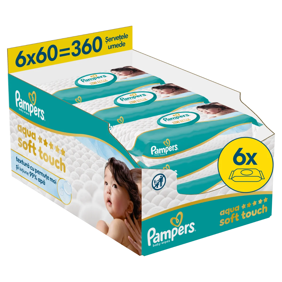 Servetele umede cu 99% apa si lotiune usoara Aqua Soft Touch, 360 bucati, Pampers 