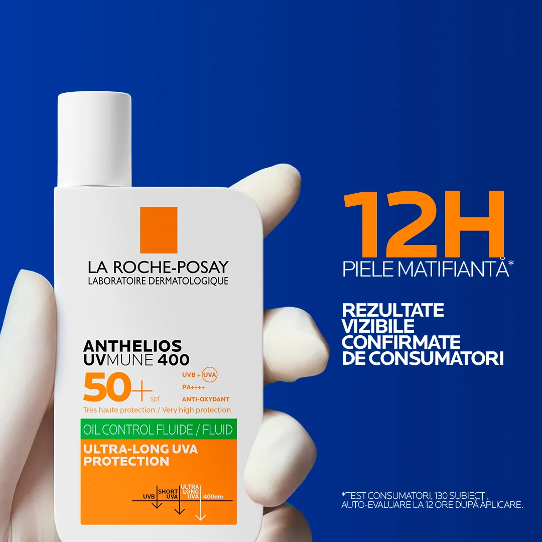 Fluid oil control cu protectie solara SPF 50+ textura ultra-fluida pentru ten mixt-gras Anthelios UV-Mune 400, 50ml, La Roche-Posay