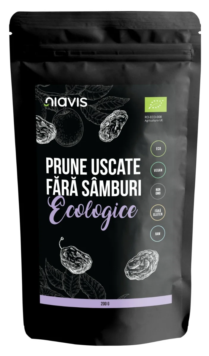 Prune uscate fara samburi ecologice, 200g, Niavis