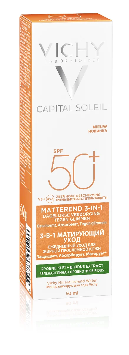 Crema matifianta 3in1 cu protectie solara SPF 50+ pentru fata cu efect anti-stralucire pentru ten gras-mixt Capital Soleil, 50ml, Vichy