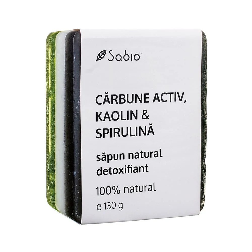 Sapun natural detoxifiant cu carbune activ + kaolin si spirulina, 130g, Sabio
