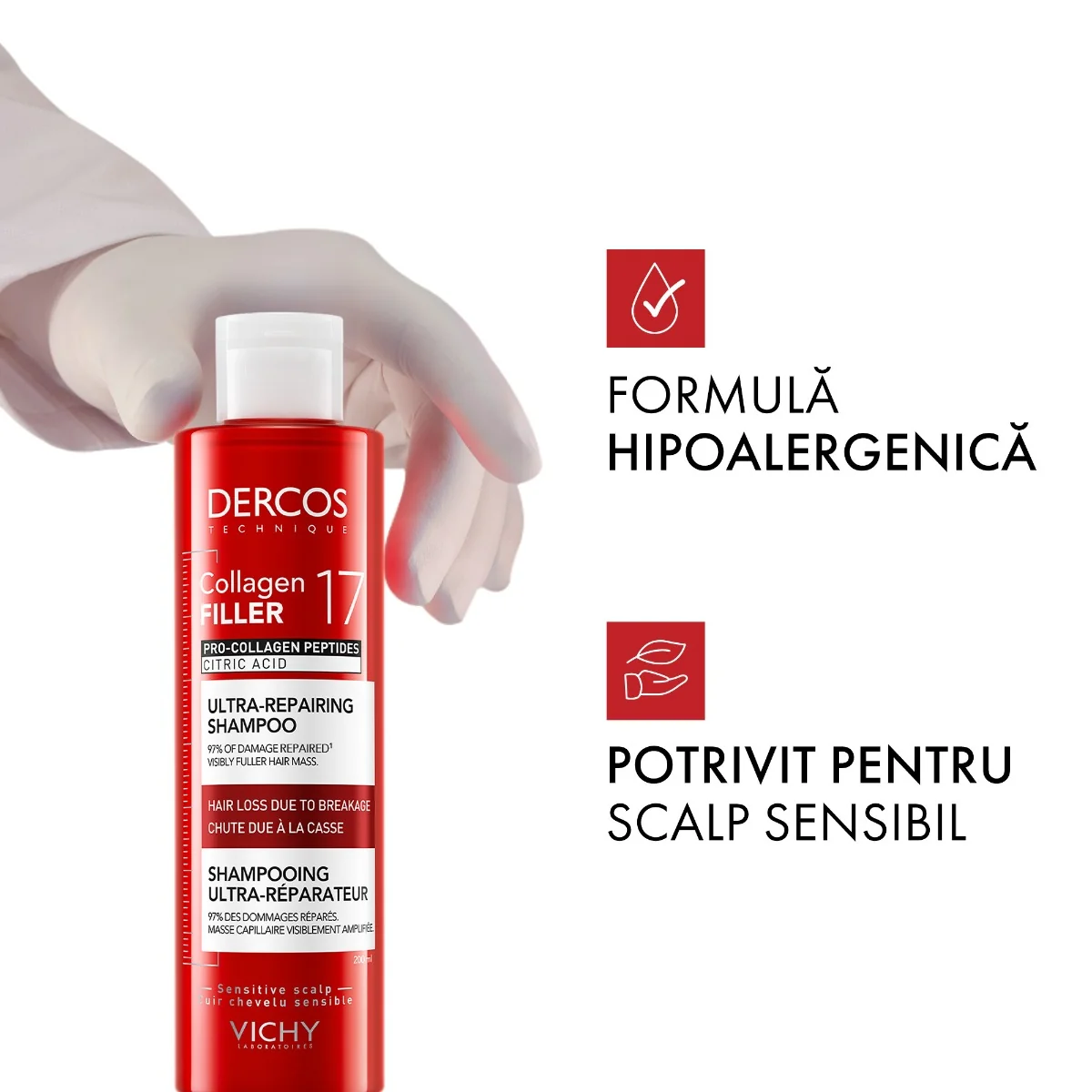 Sampon ultra-reparator pentru par deteriorat si fragil Dercos Collagen 17 Filler, 200ml, Vichy
