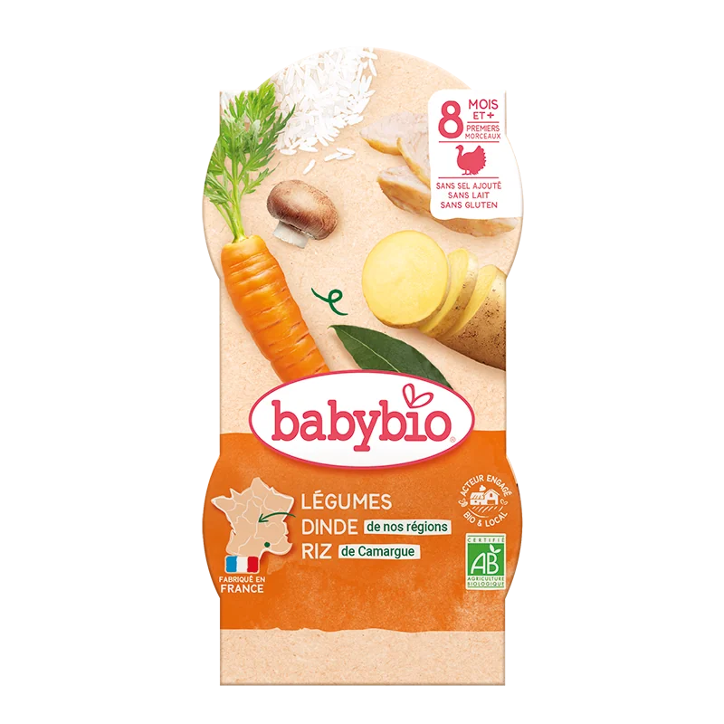 Meniu tocanita de legume, curcan si orez Bio, 2 x 200g, BabyBio