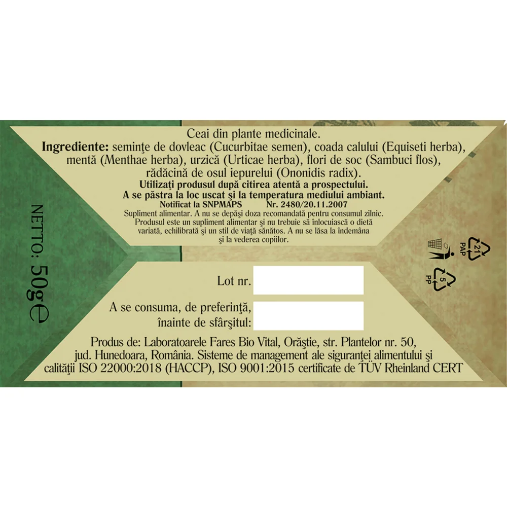 Ceaiul V pentru prostata si vezica G75, 50g, Fares