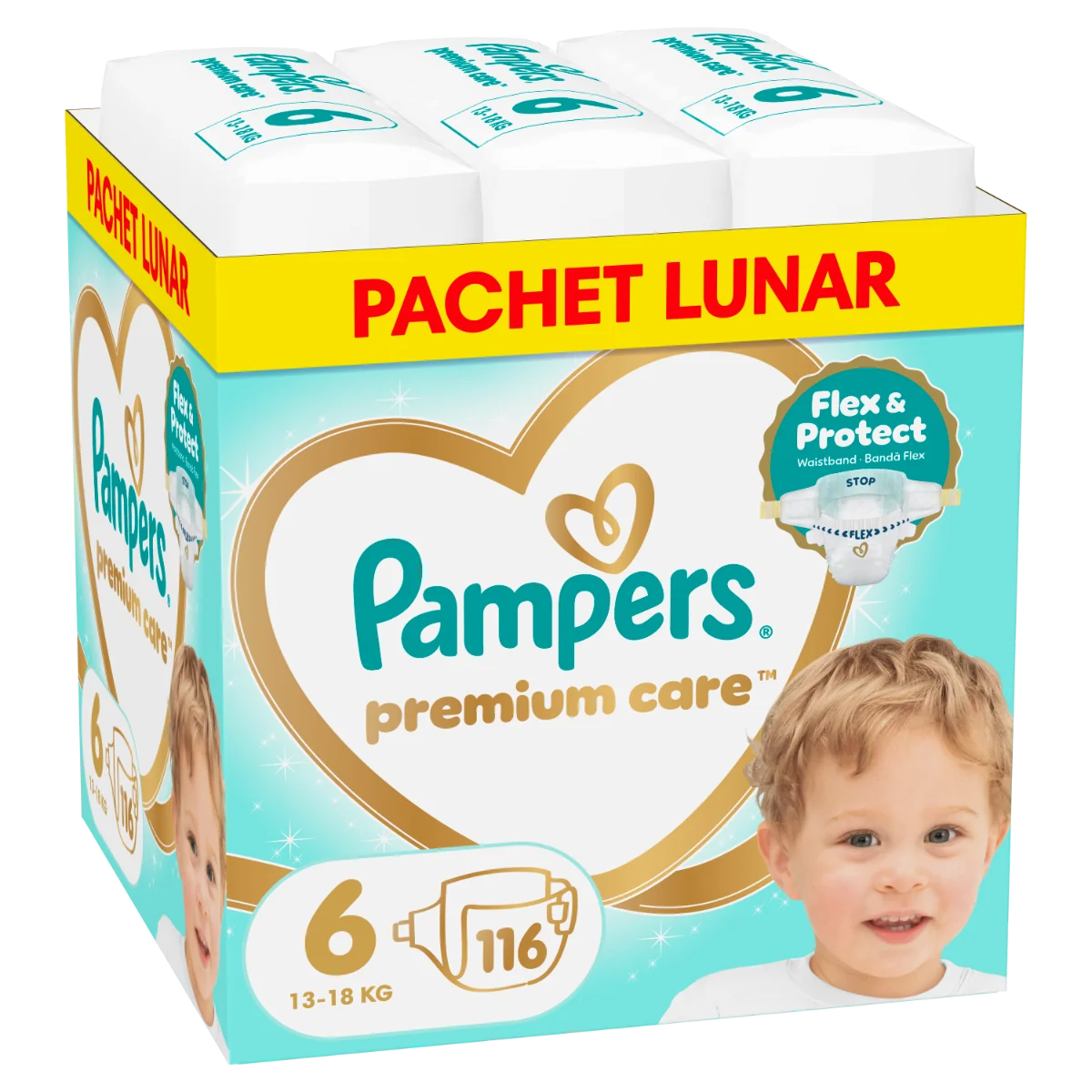 Scutece Premium Care Marimea 6 pentru 13-18 kg, 116 bucati, Pampers
