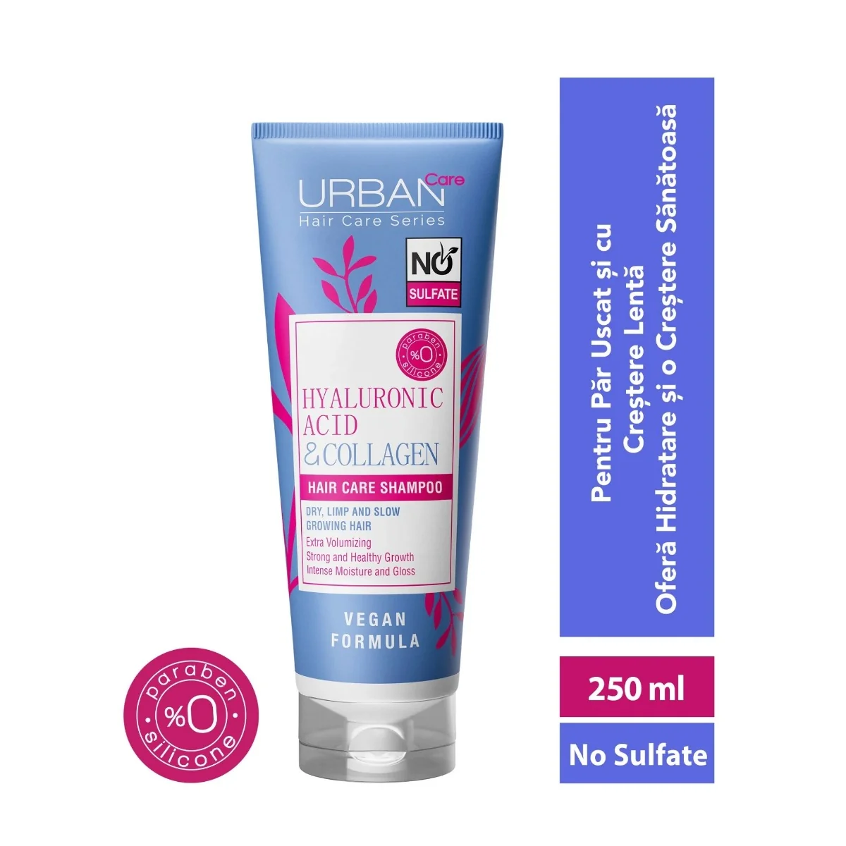 Sampon fara sulfati cu Acid Hialuronic si Colagen, 250ml, Urban Care