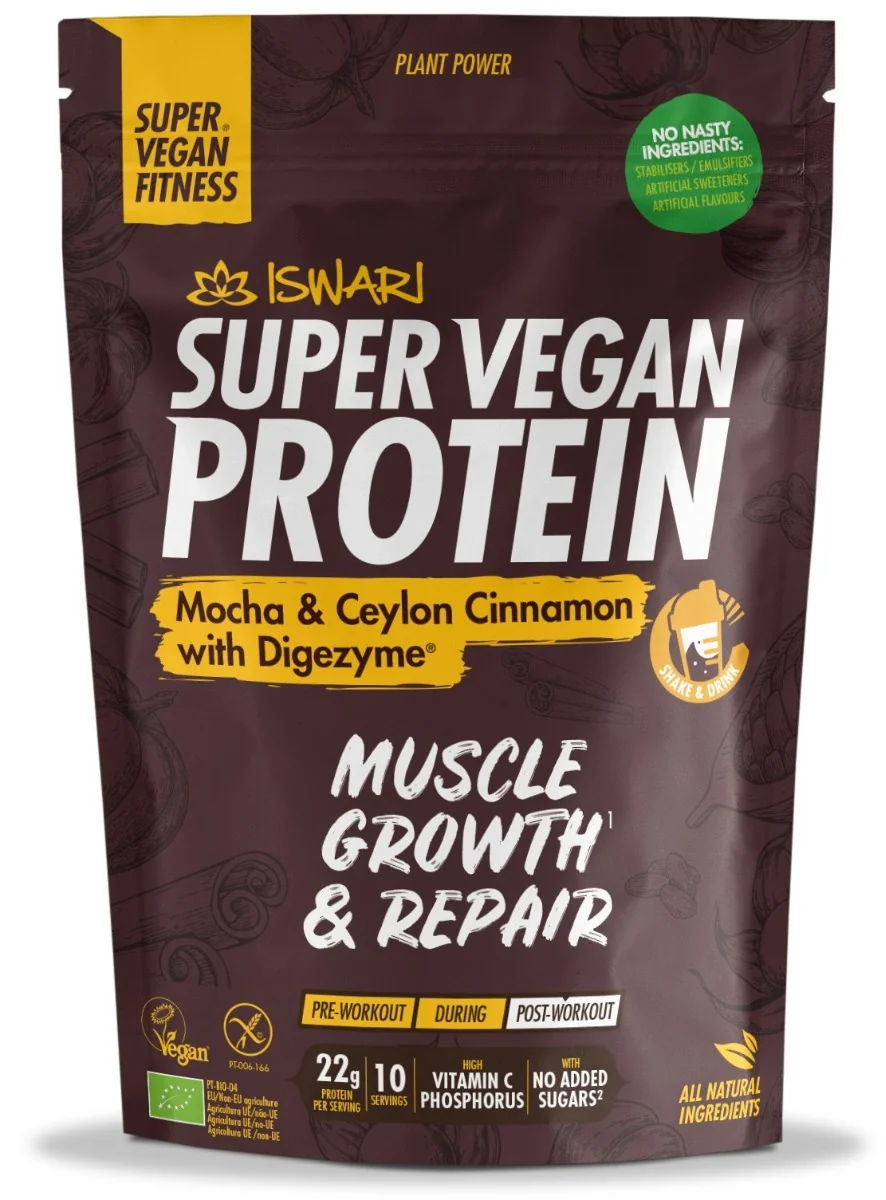 Proteina Super Vegana bio mocha si scortisoara de ceylon cu DigeZyme, 875g, Iswari