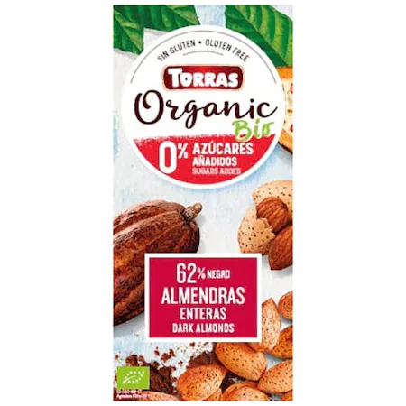 Ciocolata neagra cu migdale 62% fara zahar si gluten Organic Bio, 150g, Torras