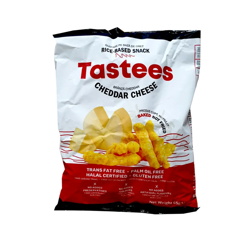 Snack din orez cu aroma de branza cheddar, 65g, Tastees