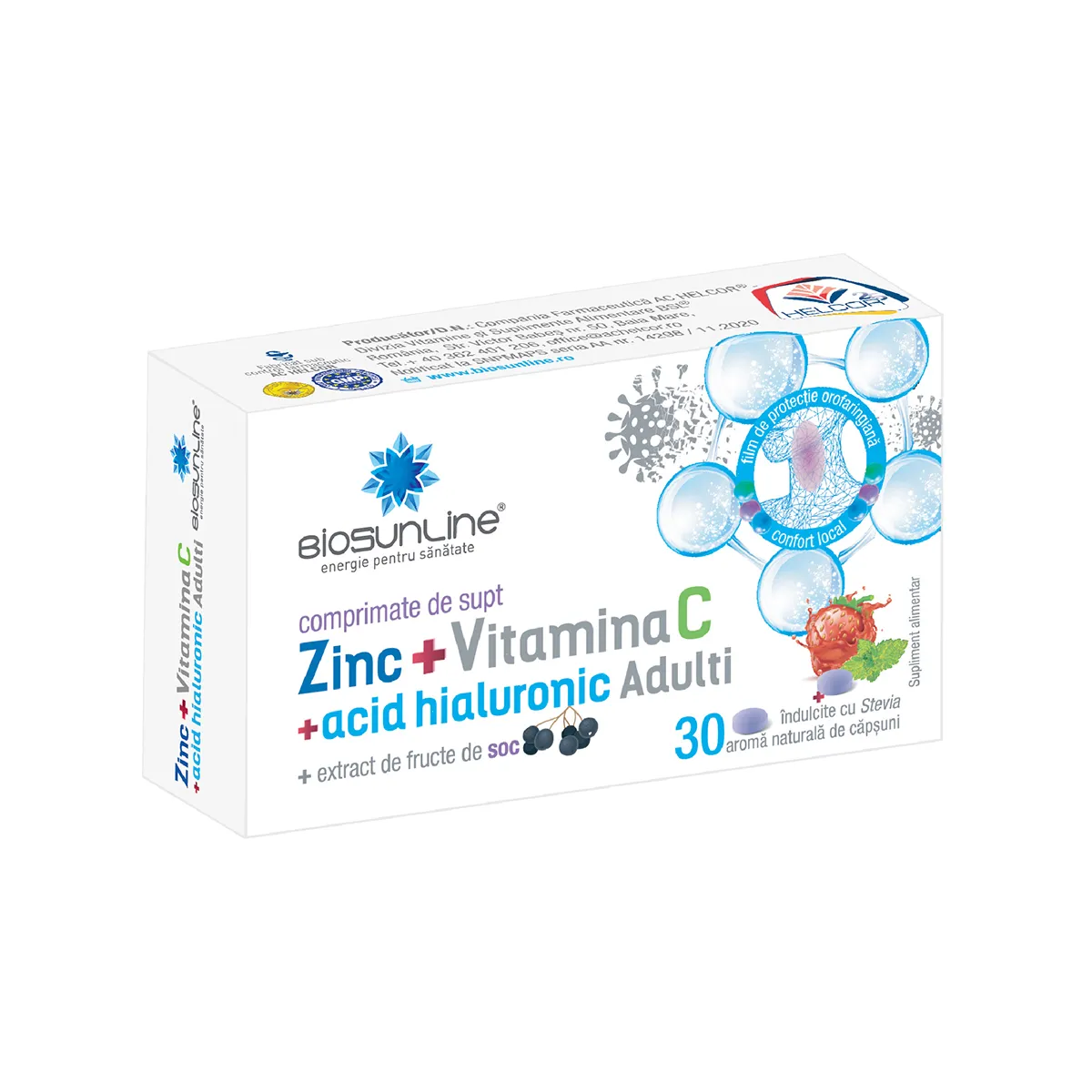 Zinc + Vitamina C + Acid Hialuronic pentru adulti, 30 comprimate de supt, BioSunLine