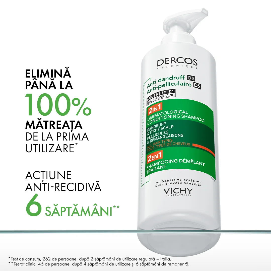 Sampon si balsam 2 in 1 anti-matreata pentru toate tipurile de par Dercos, 390ml, Vichy