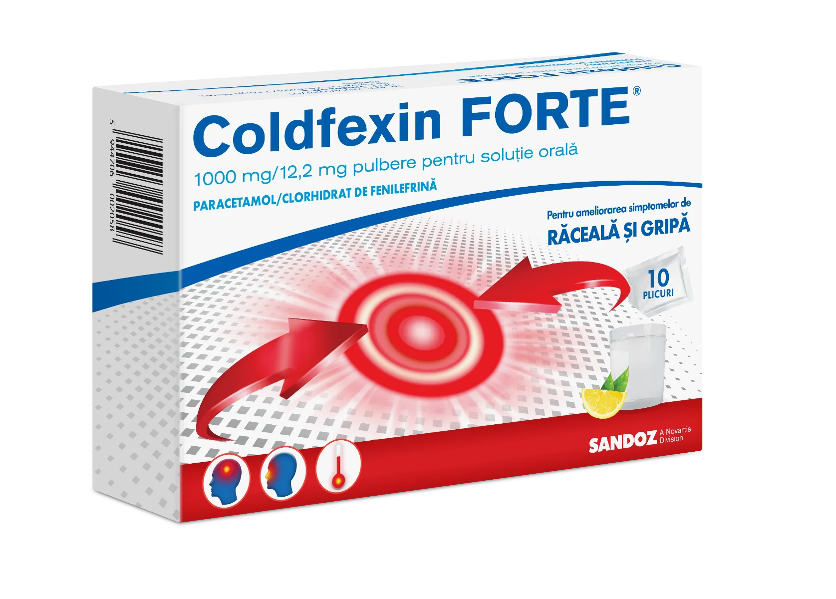 Coldfexin Forte 1000 mg/12.2 mg pulbere pentru solutie orala, 10 plicuri, Sandoz