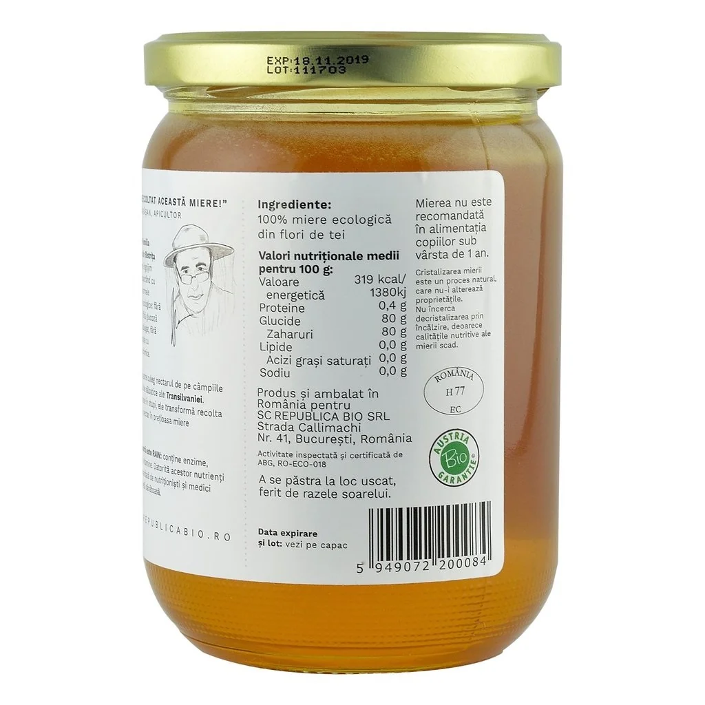 Miere de tei ecologica cruda, 700g, Republica Bio