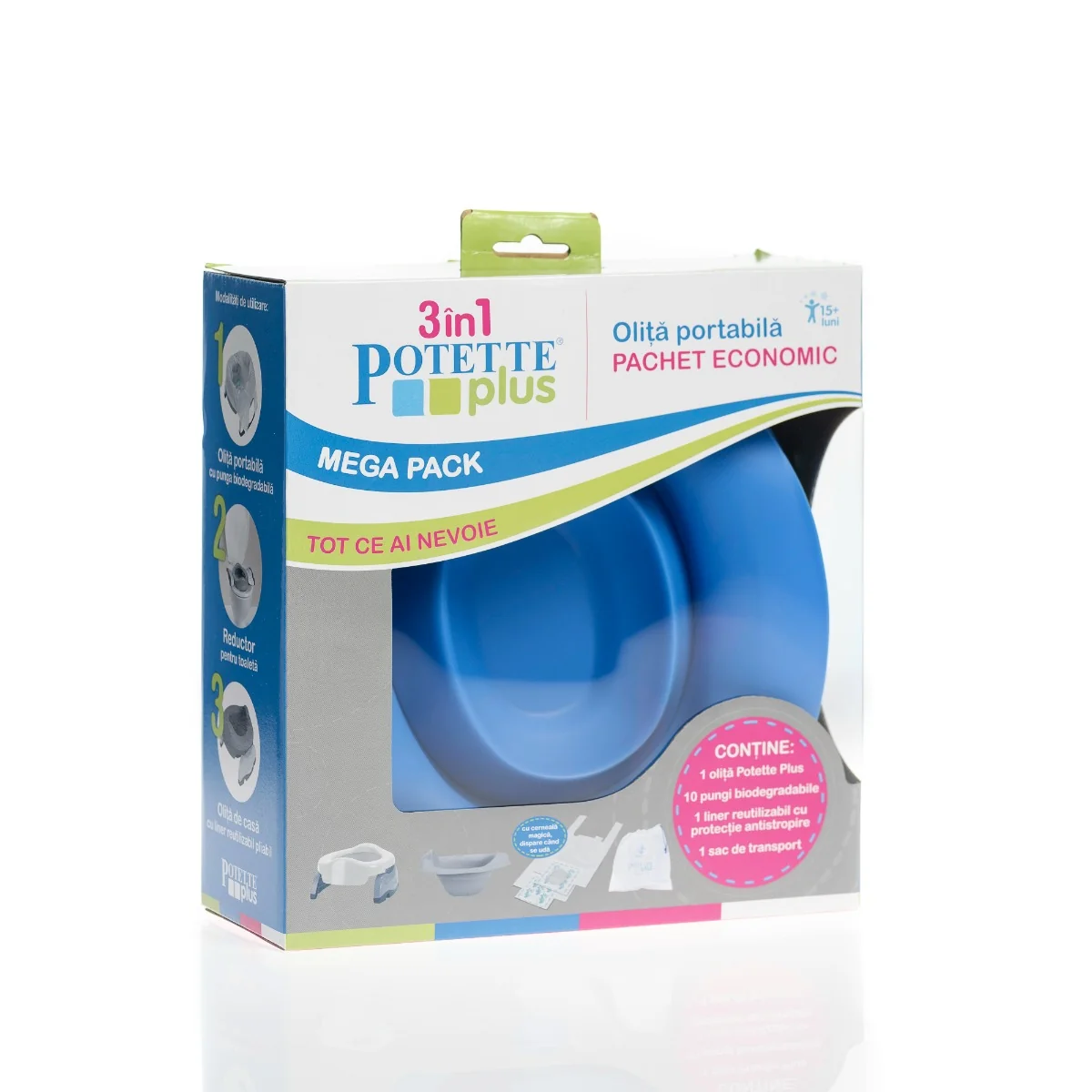 Set Albastru 3 in 1 Olita portabila + Liner + 10 saci biodegradabili, Potette Plus