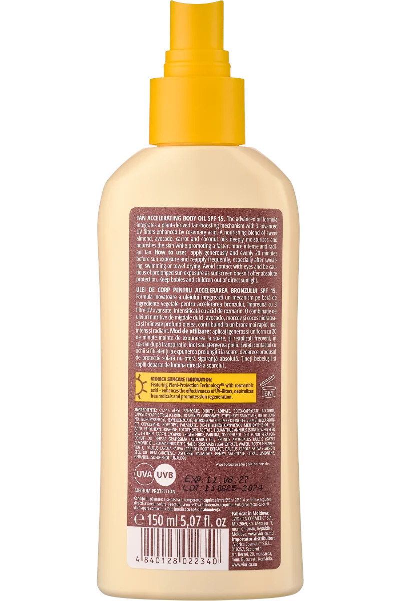 Ulei de corp pentru accelerarea bronzului SPF 15 Solar, 150ml, Viorica 