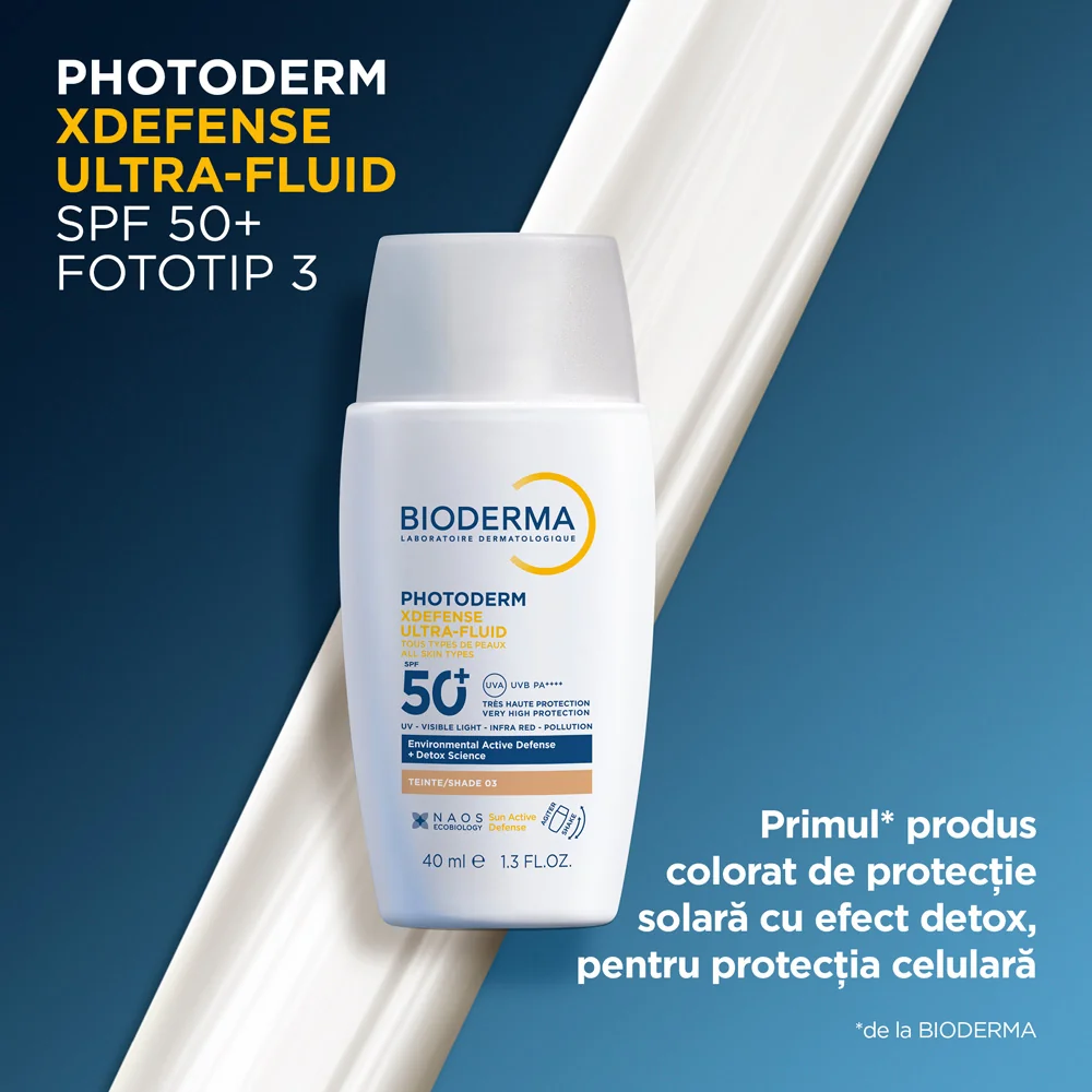 Crema colorata SPF50+ XDefense Ultra-Fluid Fototip 3 pentru protectie UV completa, 40ml, Bioderma