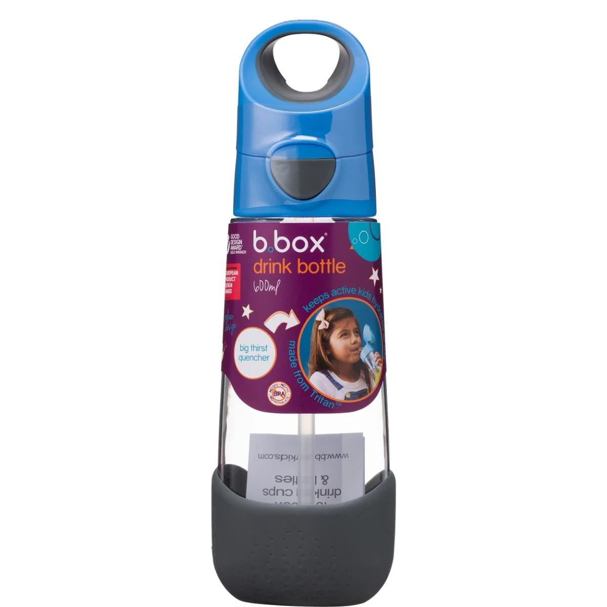 Cana din tritan cu pai pentru +12 luni Gri/Albastru, 450ml, Bbox