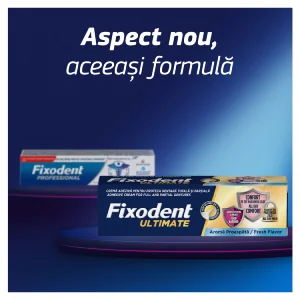 Tub si cutie de Fixodent Ultimate, crema adeziva pentru proteza dentara totala si partiala, cu aspect nou. Tub si cutie de Fixodent Ultimate, crema adeziva pentru proteza dentara totala si partiala, cu aspect nou.