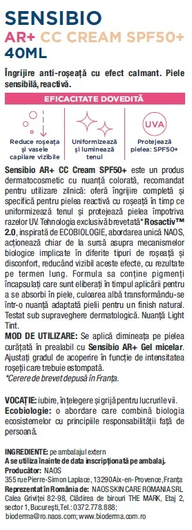 Crema corectoare cu protectie solara pentru piele reactiva cu roseata Sensibio AR+ CC Cream SPF 50+, 40ml, Bioderma