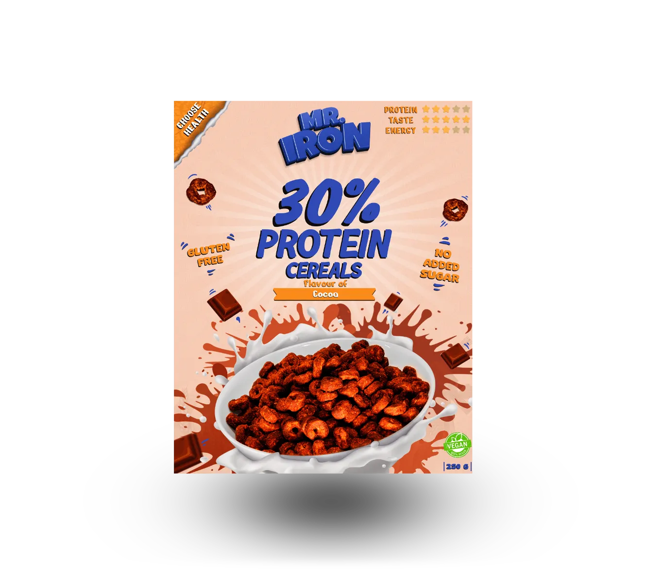 Cereale cu 30% proteina fara zahar low-carb gluten free si vegane Ciocolata, 250g, Mr. Iron 