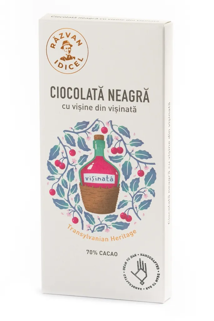Ciocolata cu 70% cacao neagra si cirese de visinata, 80g, Idicel Razvan