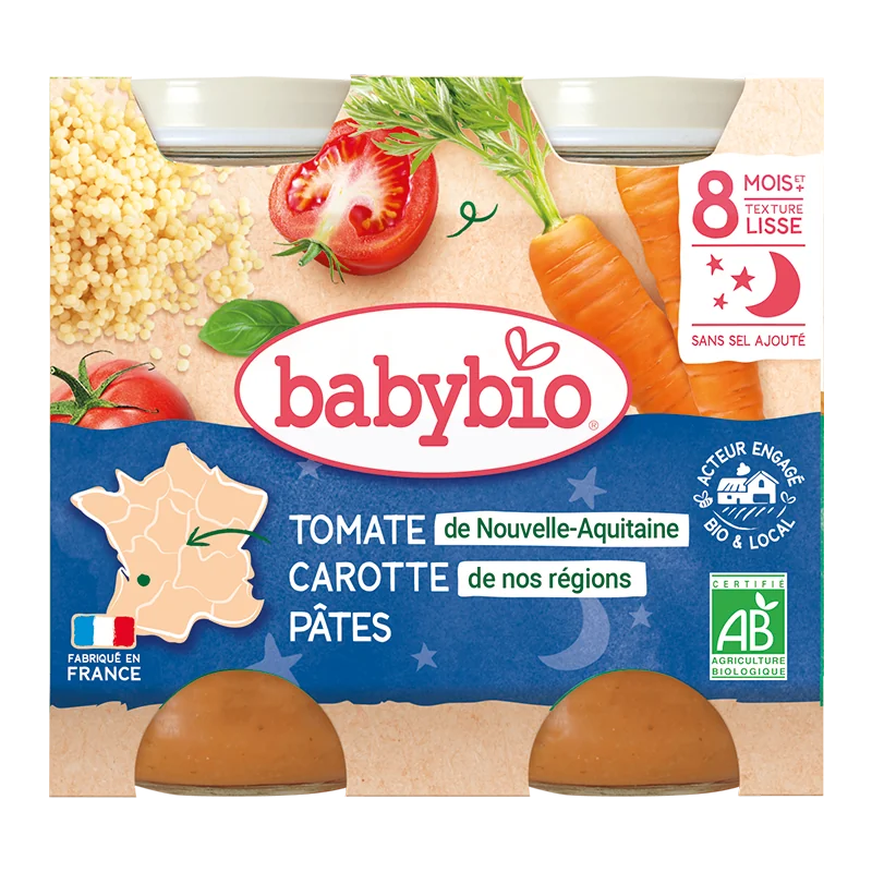 Piure de morcovi cu rosii si paste, 2 x 200g, BabyBio