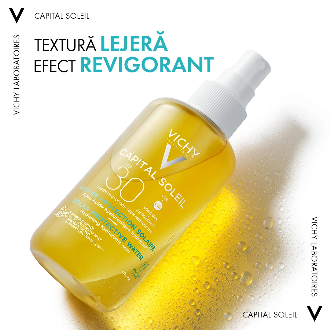 Apa de protectie solara SPF 30 pentru fata si corp cu acid hialuronic Hydra Capital Soleil, 200ml, Vichy