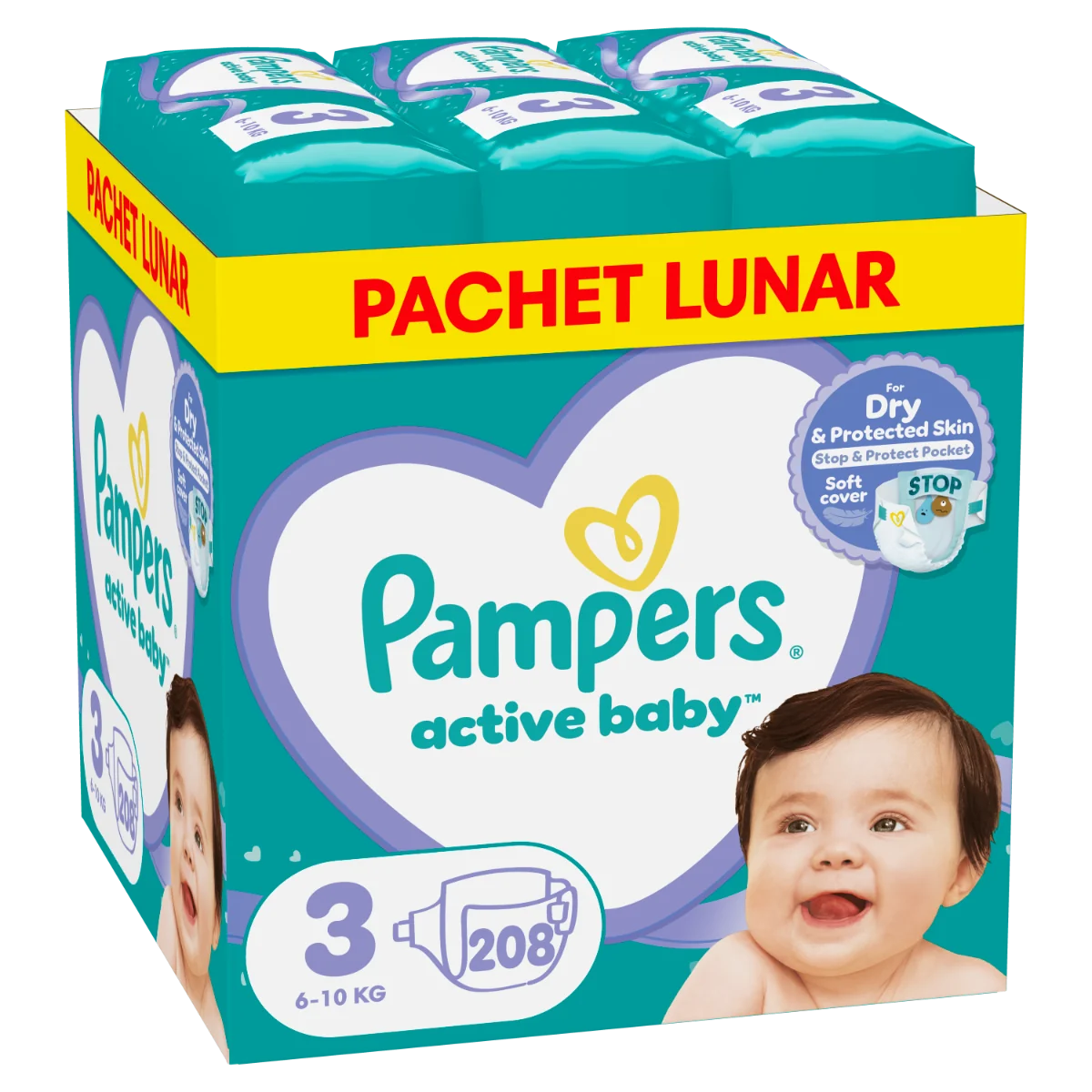 Scutece Active Baby Marimea 3 Midi pentru 6-10 kg, 208 bucati, Pampers