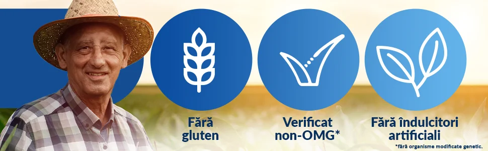 Barbat cu palarie in lanul de grau, iconita spic de grau - fara gluten, iconita vazut - Verificat non-OMG, iconita frunze- Fara indulcitori artificiali Barbat cu palarie in lanul de grau, iconita spic de grau - fara gluten, iconita vazut - Verificat non-OMG, iconita frunze- Fara indulcitori artificiali