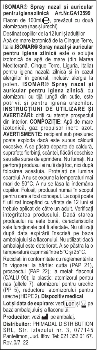 Spray nazal si de urechi Isomar cu apa de mare izotonica 12+, 100ml, Euritalia